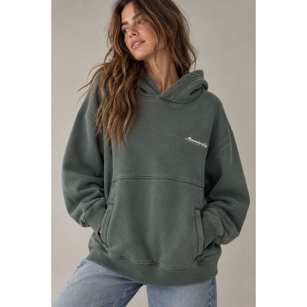 Abercrombie & Fitch Soft A&F Washed Green Hoodie With Front Pocket - Medium